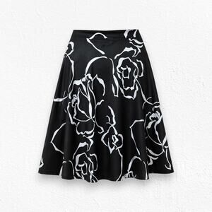 Vintage 80s Black White Floral Midi Skirt USA Made High Waist Flare Skirt 14